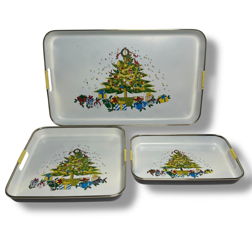 Vintage Apex Lacquer Ware Christmas Tree Tray Set of 3 Sizes Japan Nesting